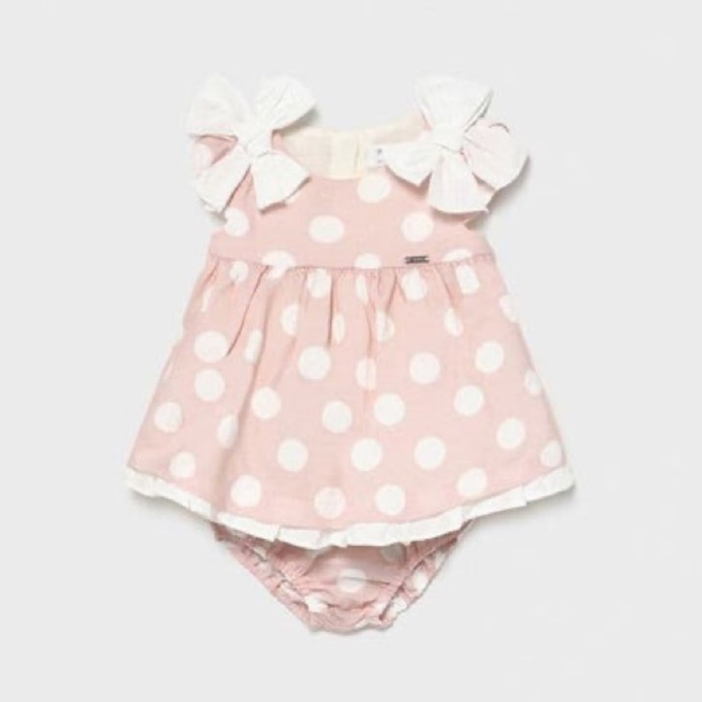 Mayoral Pink Polka Dot Baby Dress with Bows. Spanish dress